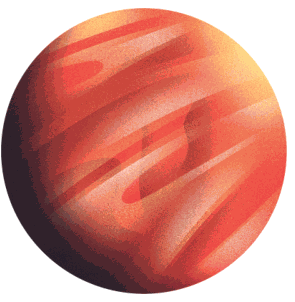 An illustration of Venus as a softly glowing sphere banded in orange, red and cream swirls.