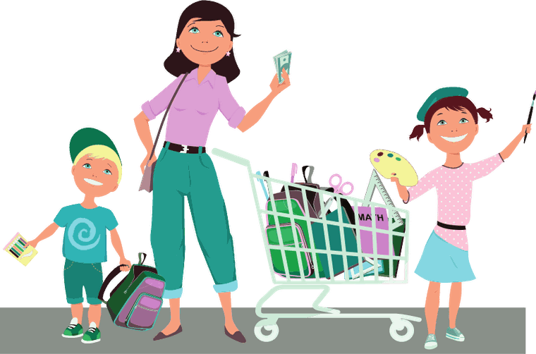 A parent and two children back to school shopping, pushing a trolley filled with backpacks, rulers, scissors and other stationery.
