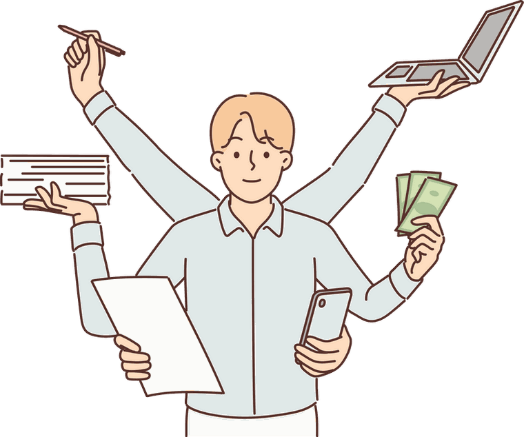 A student drawn with six arms juggling a pencil, a laptop, a phone, banknotes and sheets of paper all at once.