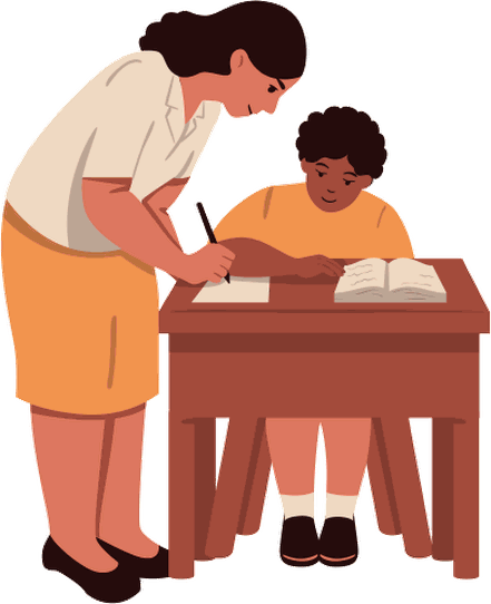 A tutor leans over a desk to guide a young student writing in a workbook beside an open textbook.