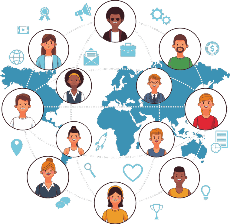 An illustration of a world map overlaid with circular portraits of professionals linked together by lines, representing a growing global network.