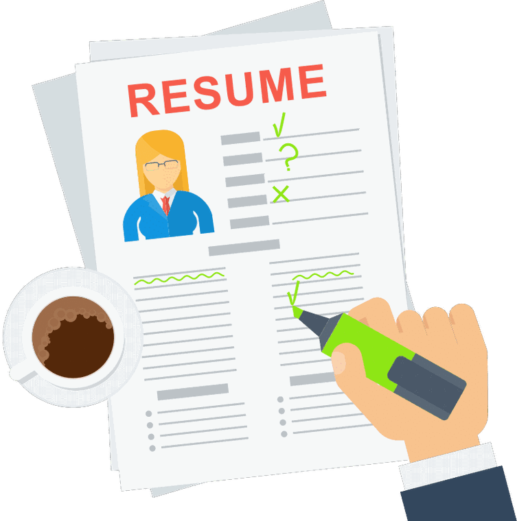 An illustration of a resume on a desk beside a cup of coffee, with a hand using a green highlighter to tick off entries.