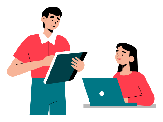 An illustration of two students working side by side: one stands holding an open notebook while the other sits typing at a laptop.