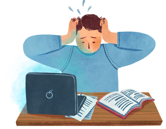 Illustration of a stressed student holding their head at a desk with a laptop and open textbook