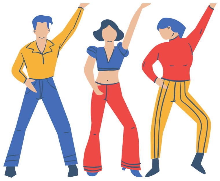 Illustration of three students dancing with one arm raised each, wearing bright yellow, blue and red outfits.