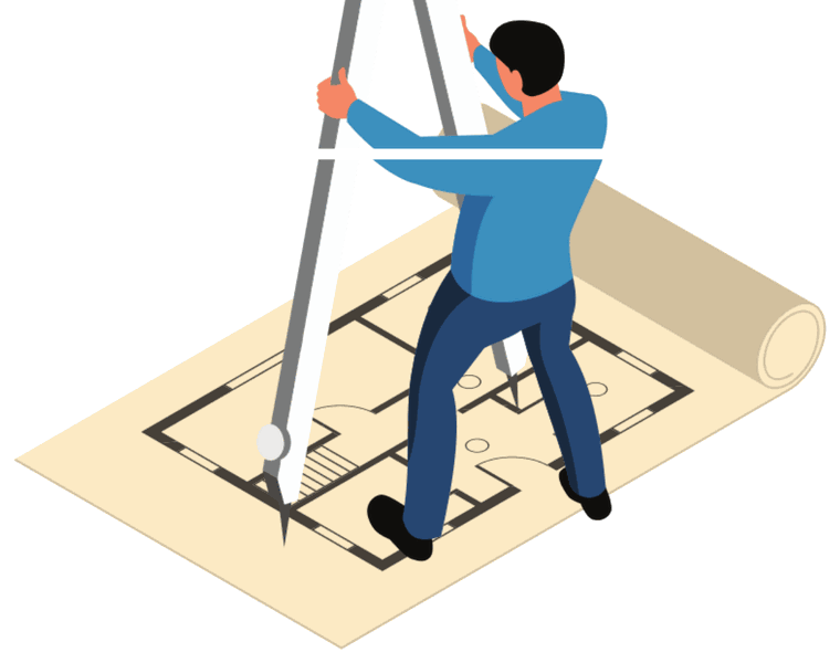 A student leaning over a large unrolled floor plan, using an oversized pair of compasses to mark out a measurement.