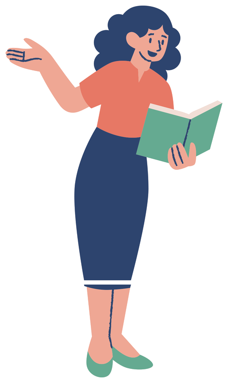 A teacher holding an open book in one hand and gesturing with the other while explaining a point to a student.