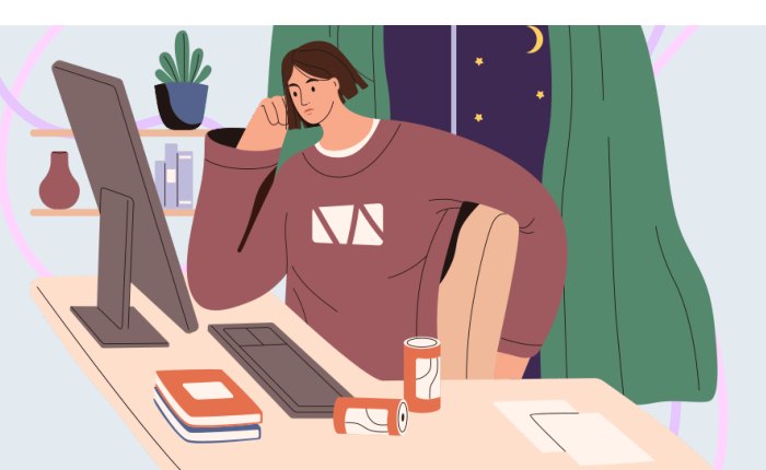 Illustration of a student revising at a desk with a monitor and books