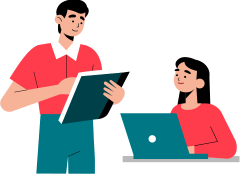 A tutor holding an open folder talks through a question with a student working at a laptop.