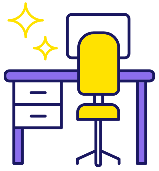 A tidy study desk with a yellow swivel chair and two drawers, with sparkles above it showing how clean and clear the space is.