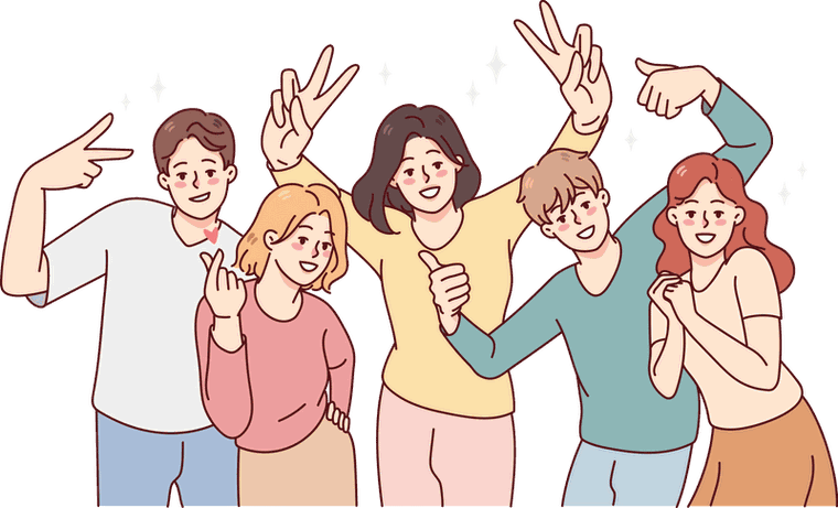 Illustration of five friends standing close together, laughing and throwing their arms up in celebration.