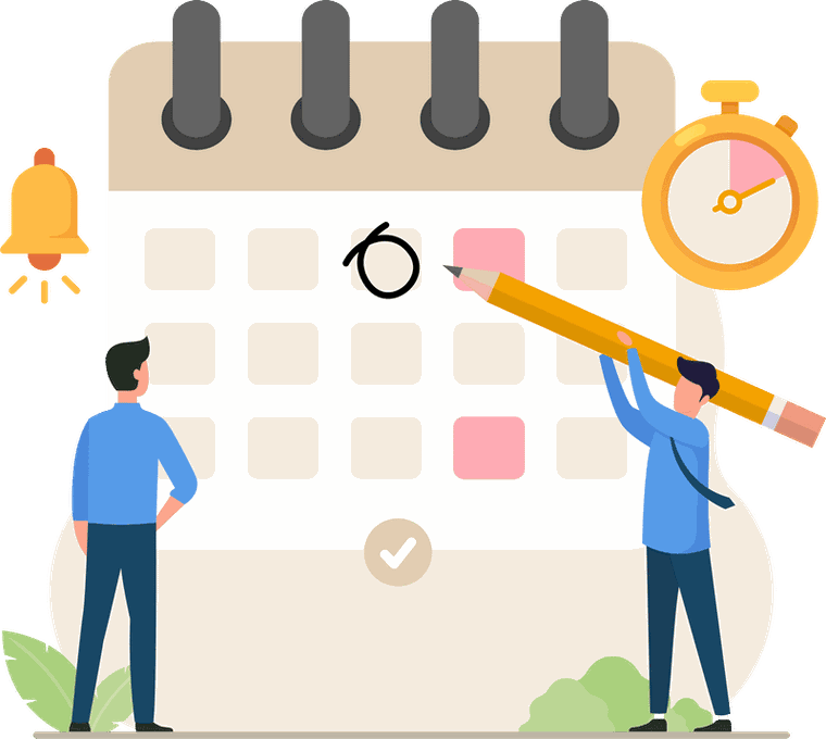 Illustration of two students standing at a giant wall calendar, one marking a date with an oversized pencil, with a bell and a stopwatch floating nearby.
