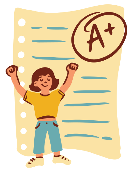 Illustration of a student cheering with both fists raised in front of a large sheet of lined paper marked with a circled A plus.
