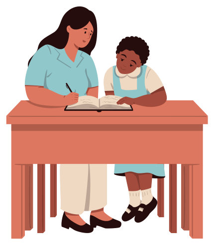 Illustration of a tutor sitting at a desk beside a young student, writing notes in an open book as they read it together.