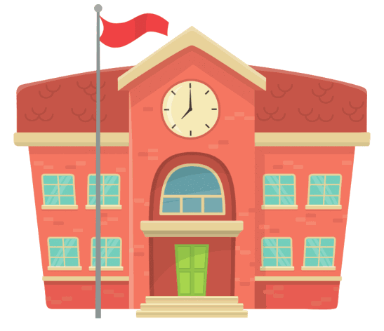 A red brick school building with a clock above the entrance, a green front door, rows of windows and a red flag flying from a pole.