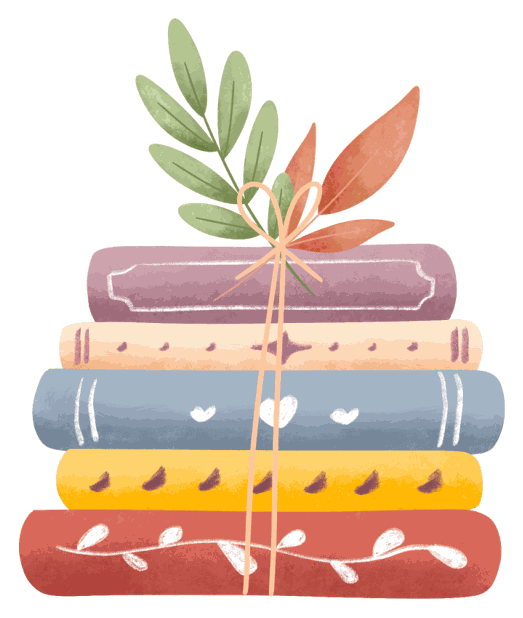 Five hardback books stacked in muted red, yellow, blue, cream and purple covers, tied with a ribbon and topped with a sprig of green and orange leaves.